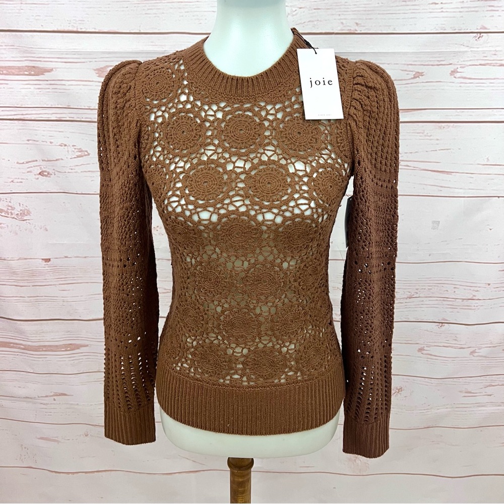 NWT Joie Wool Crochet Floral Lace Puffy Sleeve Deja Vu Sweater Toffee